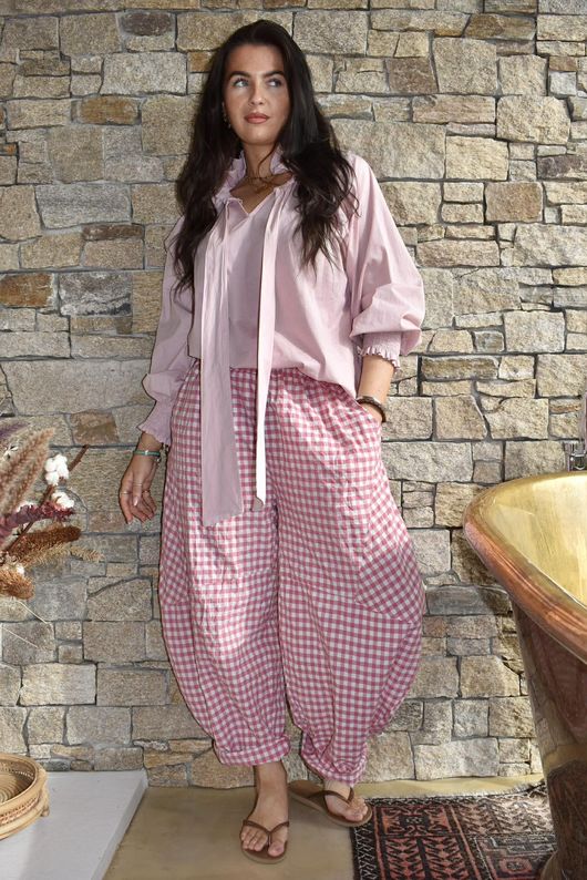 Nonni Gingham Classic Barrel Pant Deep Rose p